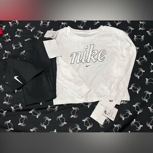 Nike White Long Sleeve Boxy Top and Black Leggings set